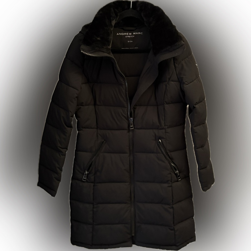 Black Andrew Marc Puffy Coat with detachable hood. Size small